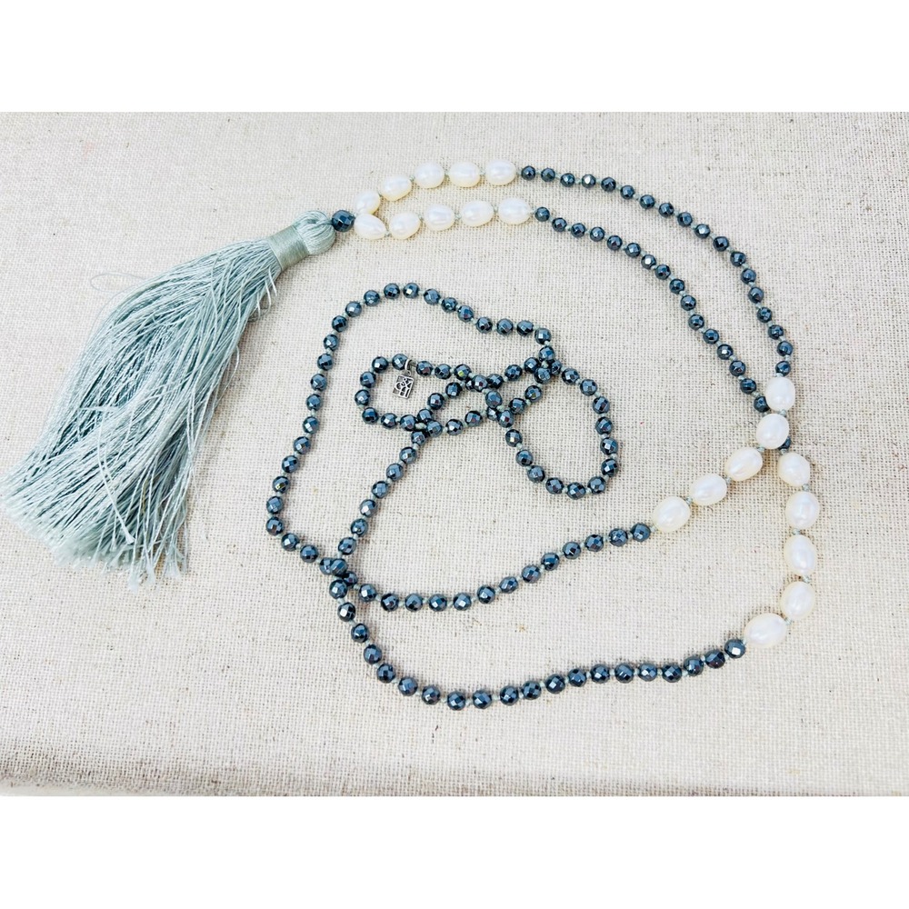 Grace & Heart Hematite Pearl Beaded Tassel Necklace Long Boho Sage Green